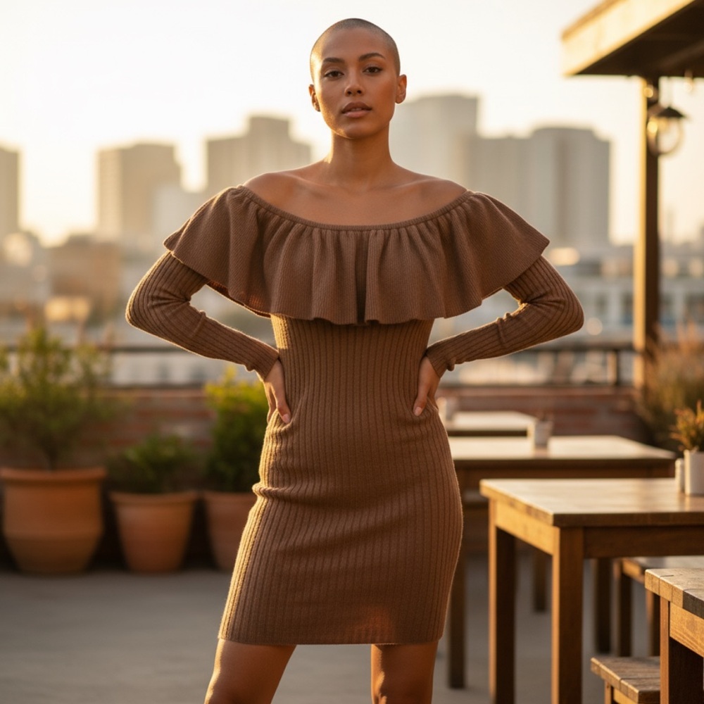 Olivaceous New With Tags Sweater Dress Size L Off The Shoulder Ruffle Stretch